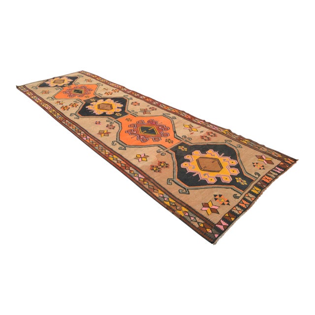 Vintage Turkish Kilim Rug Hand Woven Tribal Large Runner Rug - Neutral Earth Tone 4'4" X 12'10" For Sale