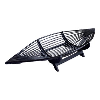 Vintage MCM Wicker Rattan Wooden Boat, Centerpiece Fruite Basket For Sale