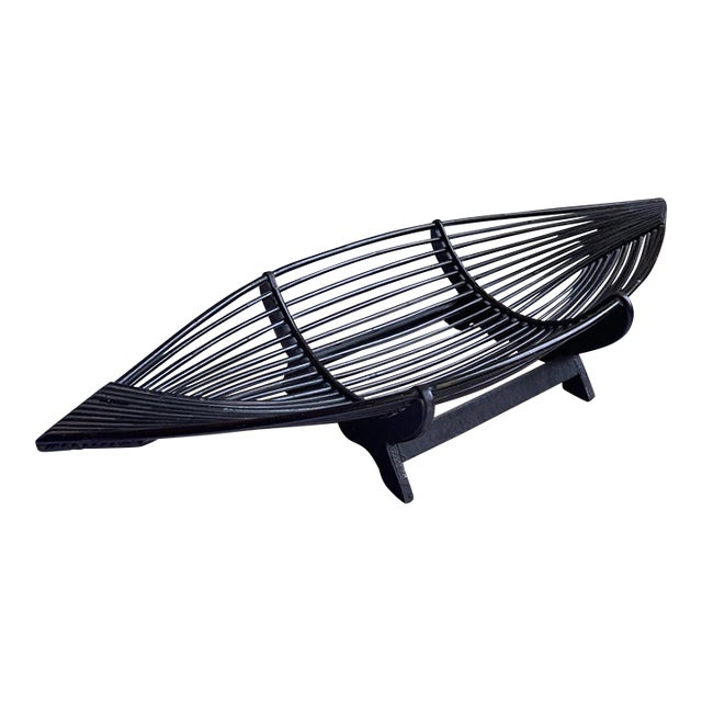 Vintage MCM Wicker Rattan Wooden Boat, Centerpiece Fruite Basket For Sale