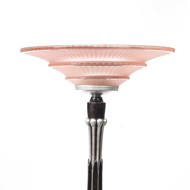 Art Deco Art Deco Skyscraper Style Frosted Rose Glass Torchiere W/ Stylized Cubist Detail For Sale - Image 3 of 12