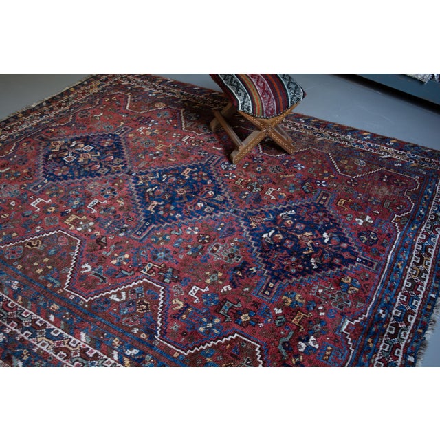 Textile Early 1900s Antique Botanical Figural Tribal Medallion Brick Red Blue Almost Square Rug - 5’10” X 6’10” For Sale - Image 7 of 11