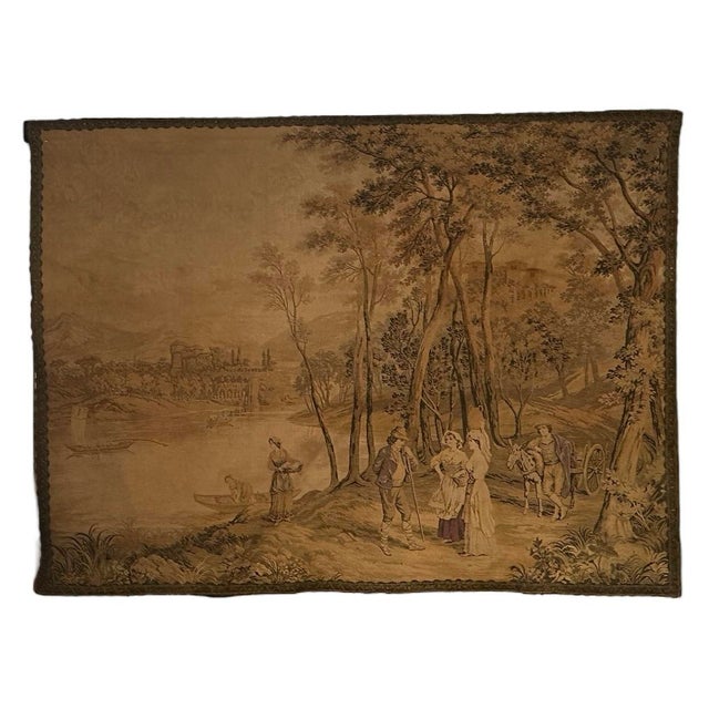 French Country Antique François Boucher Large Wide Country French Tapestry Forest Wagon Boats Castle 1890, Trimmed in Flat Braid For Sale - Image 3 of 8