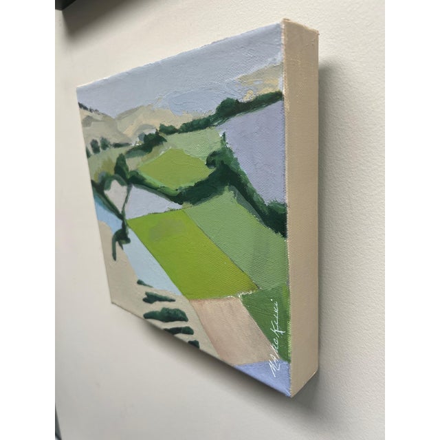 Impressionist "Far Afield" Contemporary Impressionist Landscape in Greens, Cream and Pastel Blues and Lavender by Mill Valley Artist Mary Anne McKernie For Sale - Image 3 of 9