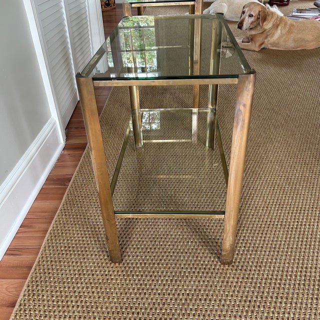 English Transitional Brass and Glass Side Tables - a Pair For Sale - Image 3 of 9