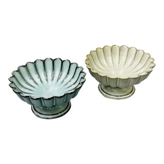 Japanese-Style Chrysanthemum-Petal Ceramic Pedestal Dish - Set of 2 For Sale
