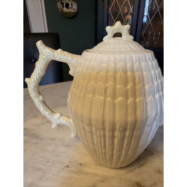 White Vintage 1940s Belleek Limpet Teapot Yellow Luster 1st Green Mark Fine Irish Porcelain For Sale - Image 8 of 13