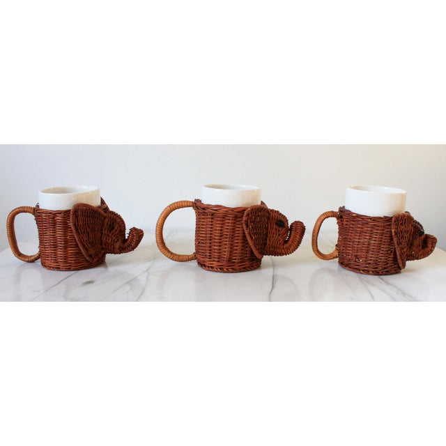 Late 20th Century Vintage Wicker Elephant Cup Holders W/ Ceramic Inserts - Set of 3 For Sale - Image 4 of 12