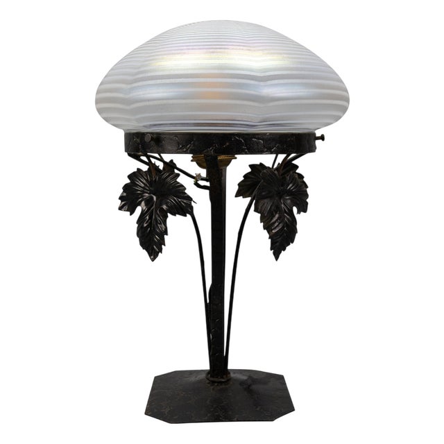 Art Nouveau French White Iridescent Glass and Wrought Iron Table Lamp, 1920s For Sale
