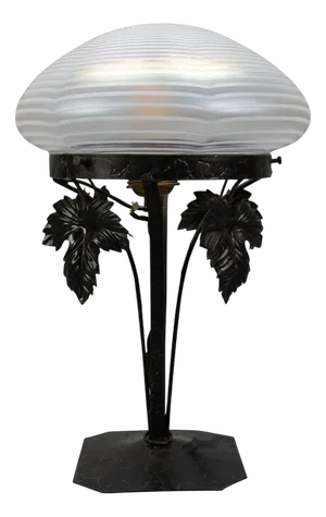 Art Nouveau French White Iridescent Glass and Wrought Iron Table Lamp, 1920s