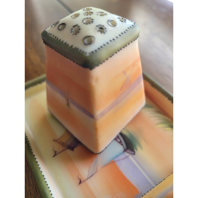 Antique Hand-Painted Nippon Porcelain Sailboat Scenic Salt & Pepper Set With Tray - 3 Pieces For Sale - Image 11 of 12