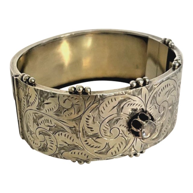 Mid 20th Century Engraved Antique Silver Cuff With Georgian Diamond For Sale