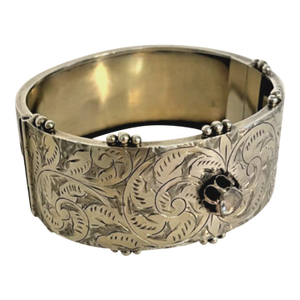 Mid 20th Century Engraved Antique Silver Cuff With Georgian Diamond
