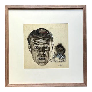 Vintage MCM Signed Sci-Fi Male Portrait Ink Drawing For Sale
