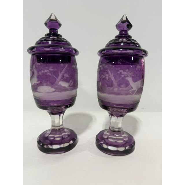 Pair of Bohemian Amethyst Engraved Covered Beakers, Late 19th Century For Sale - Image 4 of 8