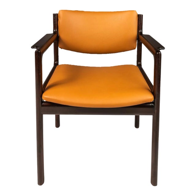Danish Modern Arm Chair in Solid Mahogany & Caramel Leather by Danish Overseas Imports, C. 1960s For Sale