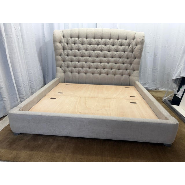 Modern Attributed to Arhaus Tufted Wingback Upholstered Bed — King Custom Greige Upholstery | Deep Button Tufting | Fully Upholstered Frame For Sale - Image 3 of 17