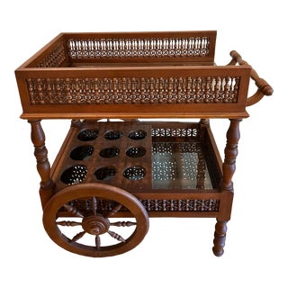 1940’s Carved Sheesham Rosewood Tea Cart or Bar Cart For Sale