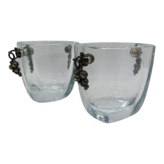 Pair Mid-Century Modern Strombergshyttan Danish Glass Vases Grape Cluster Handles For Sale