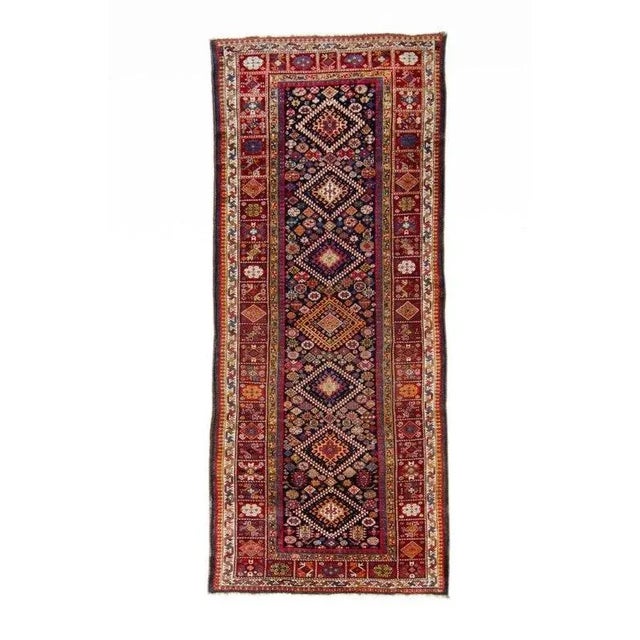 1890s Antique Wide Geometric Botanical Red & Navy Hand Knotted Wool Pile Runner Rug - 4’7” x 10’9” For Sale - Image 11 of 11