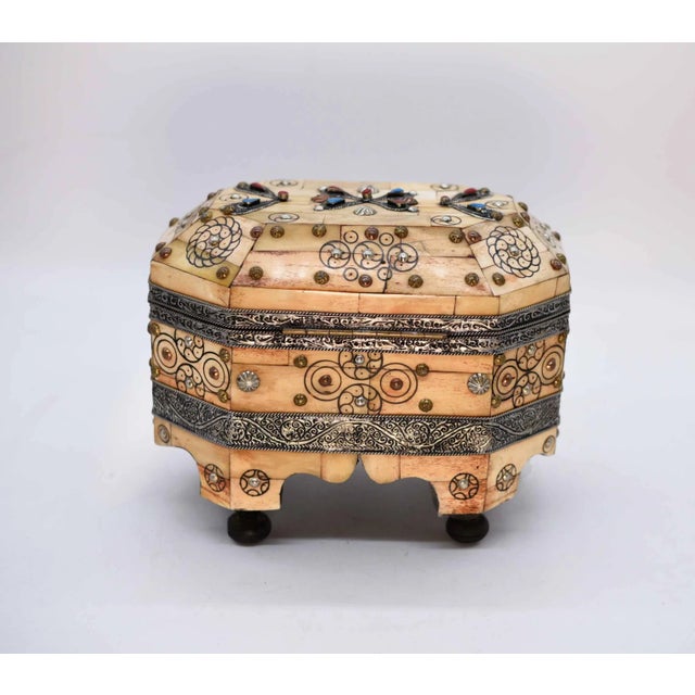 Antique Etched With Henna Bone Trinket Box With Enameled Turquoise For Sale - Image 9 of 13