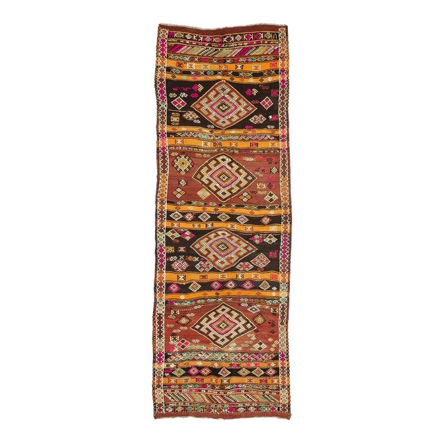 Vintage Embroidered Wide Turkish Kilim Runner For Sale