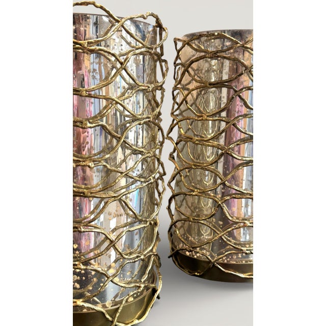 Metal John Richard Woven Brass and Glass Candle Holders, a Pair For Sale - Image 7 of 7