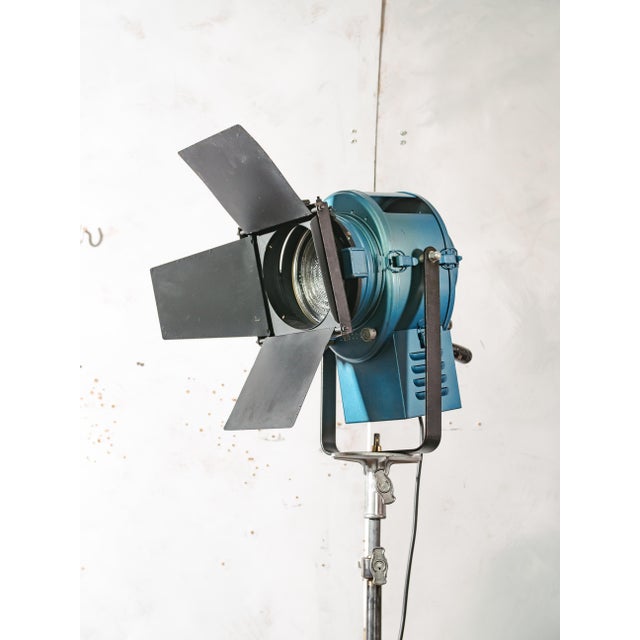 Blue Fresnel Theater Spotlight Floor Lamp on Matching Steel Tripod from A.E. Cremer, Paris, 1950s For Sale - Image 18 of 18