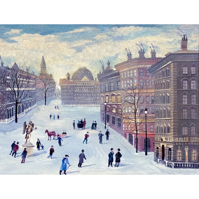 A mid-20th century New York City winter scene centered on City Hall Park, with the great dome of the former City Hall Post...