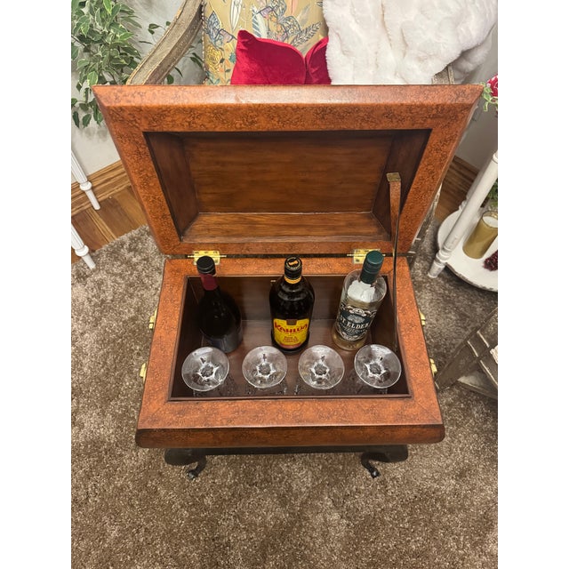 Wood Vintage Maitland-Smith Hand-Painted Lift-Top Storage Box Table on Carved Wood Stand For Sale - Image 7 of 18