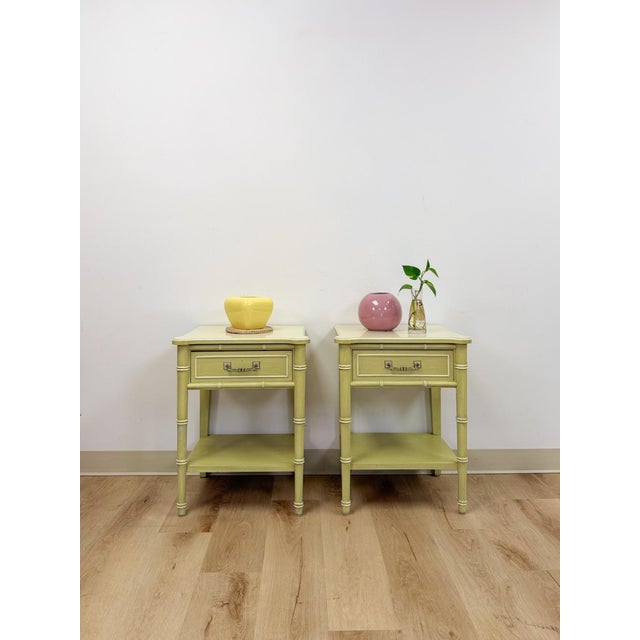 Mid 20th Century Henry Link Bali Hai Green Faux Bamboo Pair of Nightstands Hollywood Regency For Sale - Image 11 of 16