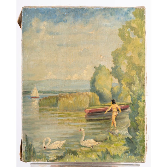 Jules Gaillepand, Lakeside Scene with Nude Figure Swans and Sailboat, 1920s, Oil on Canvas For Sale - Image 9 of 16