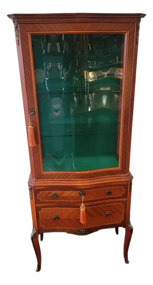 Petite 20th Century Serpentine French Curio Cabinet China Cabinet Vitrine Louis XVI Marquentry Inlaid