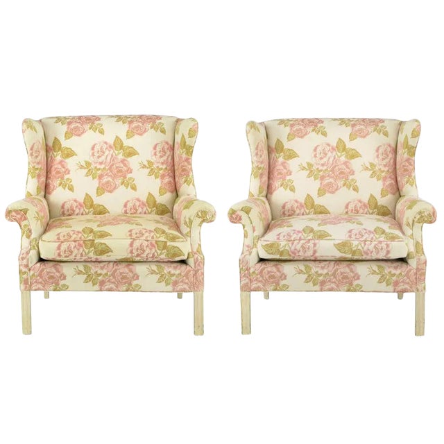 Overscale Chippendale Wing Chairs in Rose Pattern Fabric - a Pair For Sale