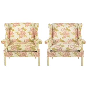 Overscale Chippendale Wing Chairs in Rose Pattern Fabric - a Pair
