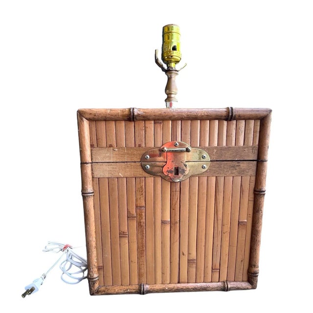 Tan Vintage Rattan Bamboo Storage Lamp With Brass Closure For Sale - Image 8 of 10