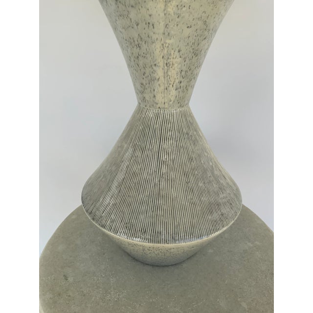 Stylish Arteriors Modern Gray Ice Reactive Glaze Dottie Table Lamp, white fabric shade, brass hardware, wood ball finial,...