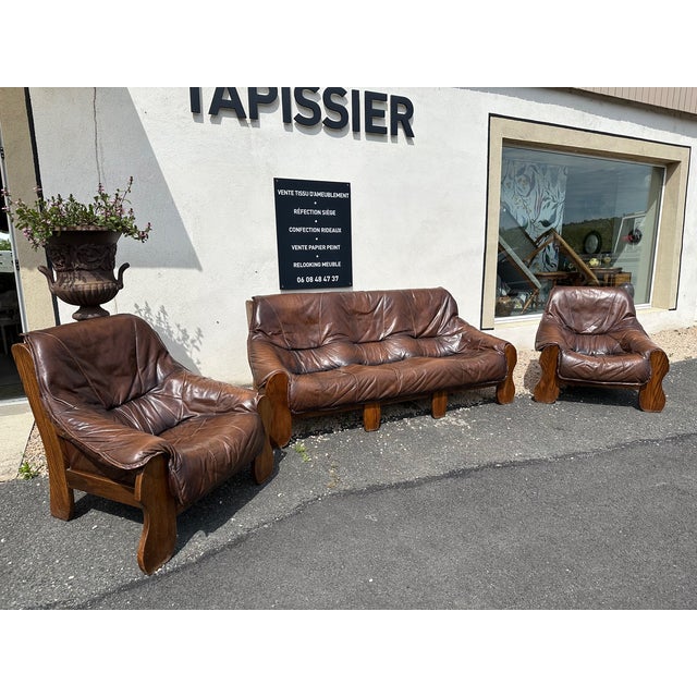 Brutalist Leather Living Room Set, 1970, Set of 3 For Sale - Image 10 of 16