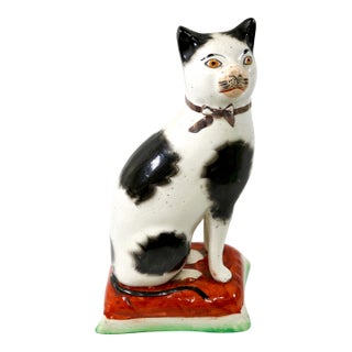1920's Staffordshire Ware Mantle Cat on Cushion Figurine Right Facing For Sale