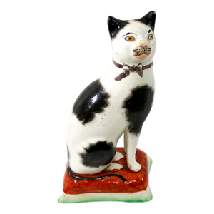1920's Staffordshire Ware Mantle Cat on Cushion Figurine Right Facing