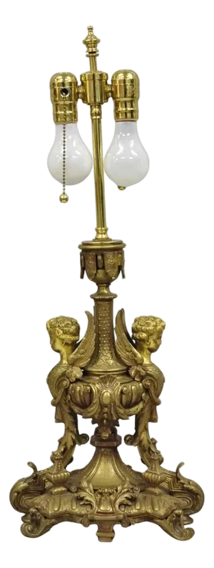 Antique French Louis XV Style Bronze Figural Winged Cherub Gold Table Lamp