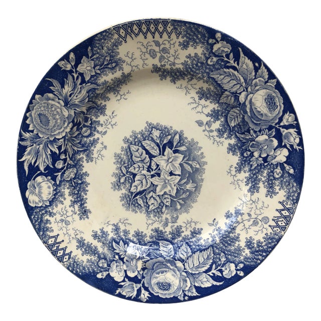 19th Century Large Blue & White Platter Jardiniere Sarreguemines For Sale