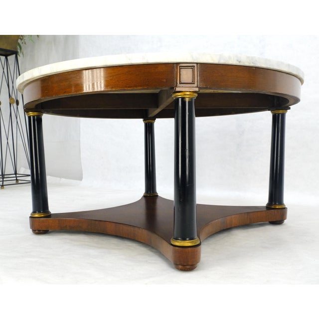 Traditional Round Marble Top Neoclassical Black Lacquer Pedestal Style Leg Coffee Table For Sale - Image 3 of 13