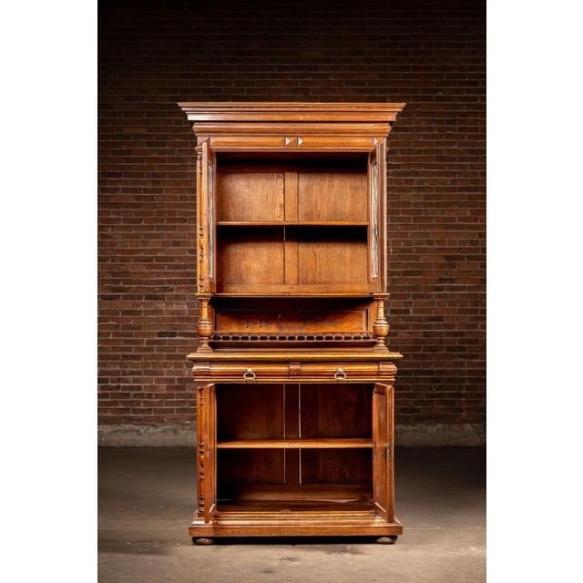 Late 19th Century Late 19th Century Renaissance Revival Oak Sideboard With Leaded Glass Hutch For Sale - Image 5 of 13