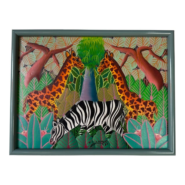 1987 H. Fils Aimond Haitian Folk Art Jungle Landscape With Zebra & Giraffes – Sold For Sale