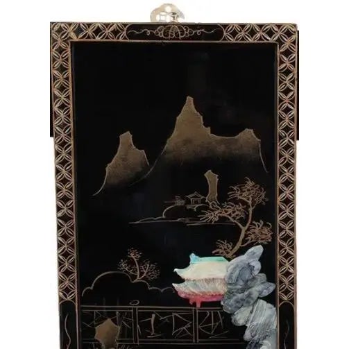 Antique Mid-Century Chinese Black Lacquer Wall Panels: Set of 4 With Raised Hardstone and Mother-of-Pearl Inlay For Sale In Portland, ME - Image 6 of 16