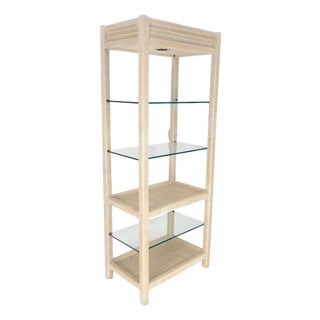 White Pickled Rush Cane Bamboo Wrapped 5 Shelves 76" Tall Etagere Display MINT! For Sale