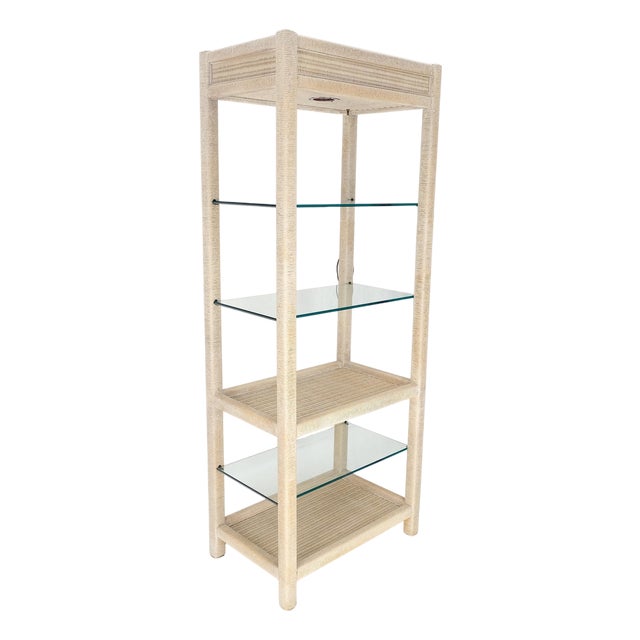 White Pickled Rush Cane Bamboo Wrapped 5 Shelves 76" Tall Etagere Display MINT! For Sale