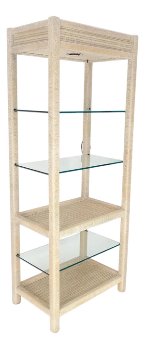White Pickled Rush Cane Bamboo Wrapped 5 Shelves 76" Tall Etagere Display MINT!