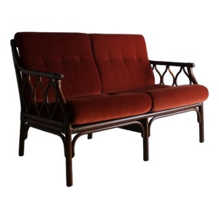 2-Seater Sofa in Dark Rattan with Velour Cushions, 1980s For Sale