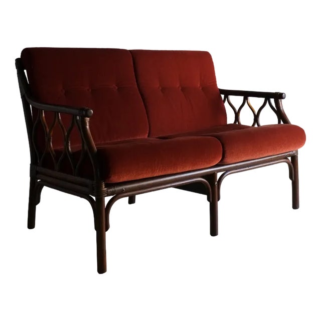 2-Seater Sofa in Dark Rattan with Velour Cushions, 1980s For Sale